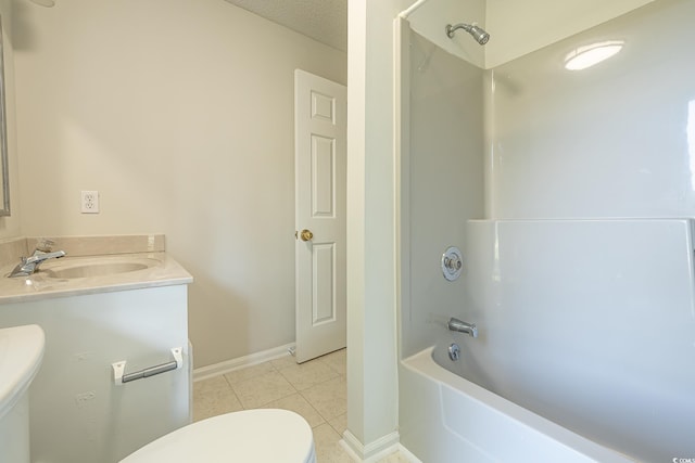 full bathroom featuring tile patterned flooring, a textured ceiling, toilet, vanity, and bathtub / shower combination