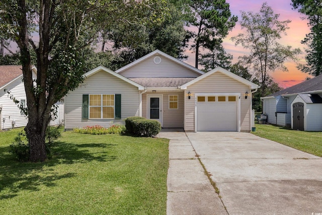 ranch-style house with a shed and a yard