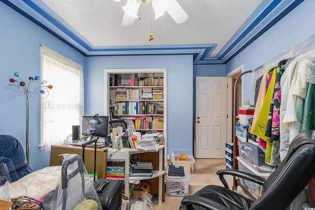 office featuring ceiling fan and carpet flooring