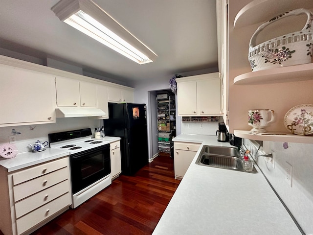 kitchen featuring white range with electric stovetop, dark hardwood / wood-style floors, black refrigerator, sink, and white cabinets