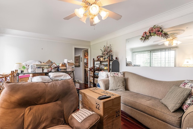 living room featuring ceiling fan, crown molding, and dark hardwood / wood-style flooring