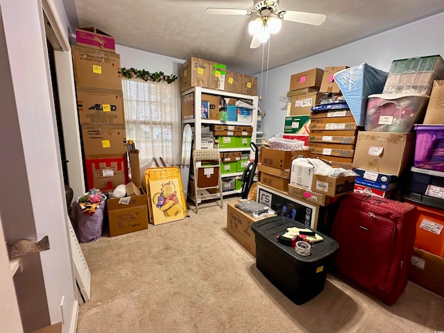 storage area featuring ceiling fan