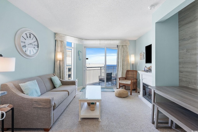 carpeted living room featuring a textured ceiling