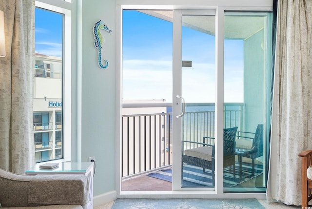 doorway to outside with carpet flooring and plenty of natural light