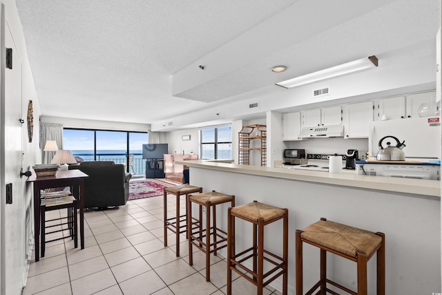 kitchen with open floor plan, visible vents, under cabinet range hood, and a kitchen breakfast bar