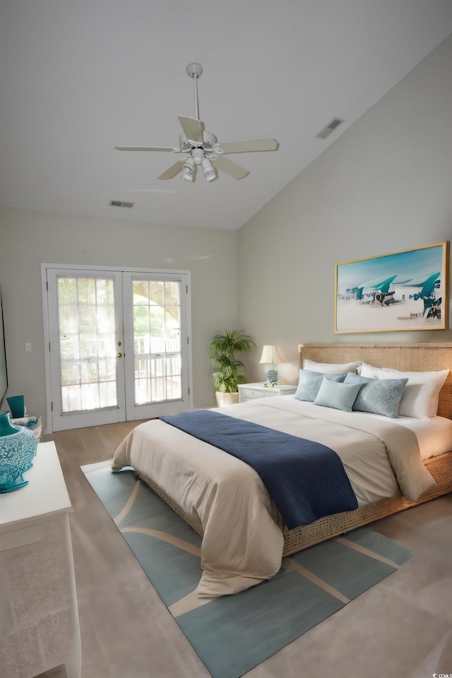 bedroom with access to outside, french doors, visible vents, and vaulted ceiling