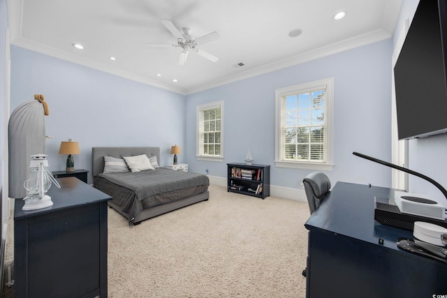 bedroom with carpet floors, recessed lighting, ornamental molding, a ceiling fan, and baseboards