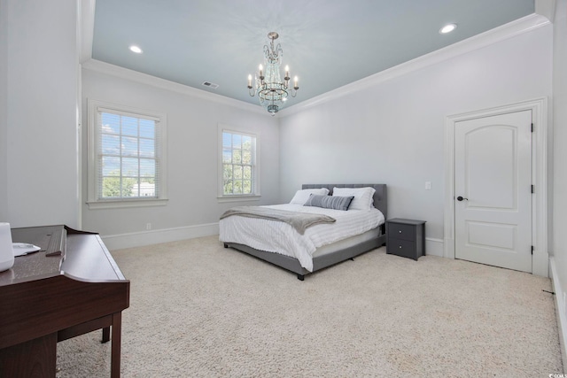 bedroom with crown molding and light colored carpet