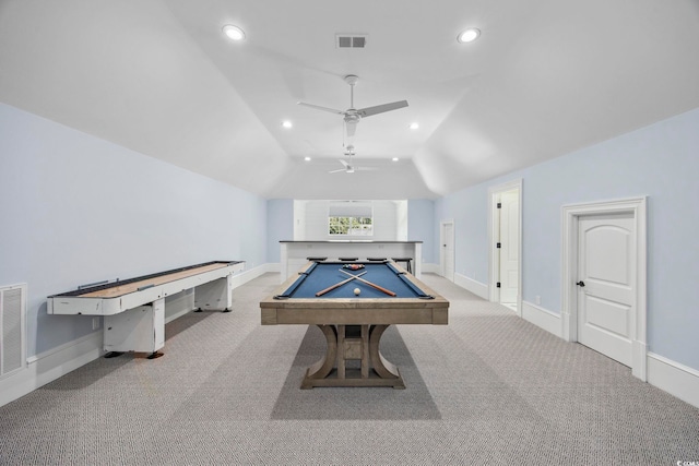 game room with lofted ceiling, carpet floors, pool table, and visible vents