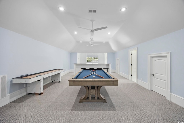 9318 Cove Dr, Myrtle Beach, SC 29572 - playroom with carpet flooring, a ceiling fan, vaulted ceiling, and visible vents