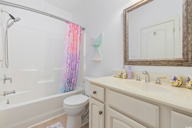 full bathroom with shower / bath combo, tile patterned flooring, toilet, and vanity