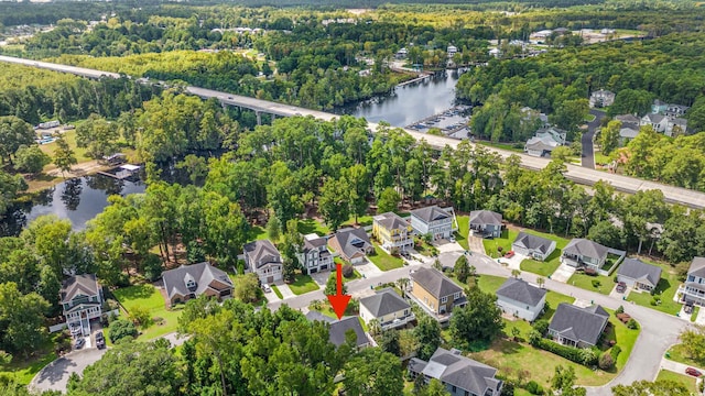 aerial view featuring a water view and a residential view