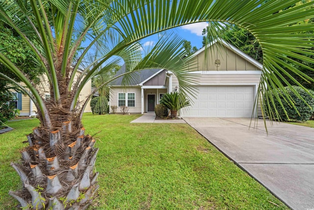 view of front of house featuring an attached garage, a front lawn, board and batten siding, and concrete driveway