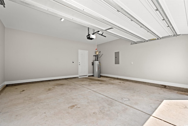 garage featuring water heater, baseboards, electric panel, and a garage door opener