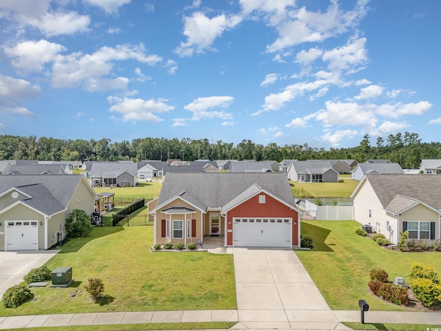 single story home featuring a garage and a front lawn