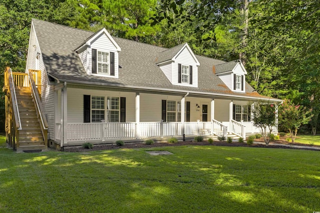 3758 Loblolly Ave, Little River, SC 29566 - cape cod home with covered porch, stairs, roof with shingles, and a front lawn