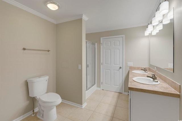 bathroom with toilet, tile patterned floors, walk in shower, vanity, and ornamental molding