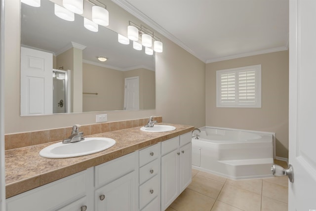 bathroom with vanity, tile patterned floors, ornamental molding, and shower with separate bathtub