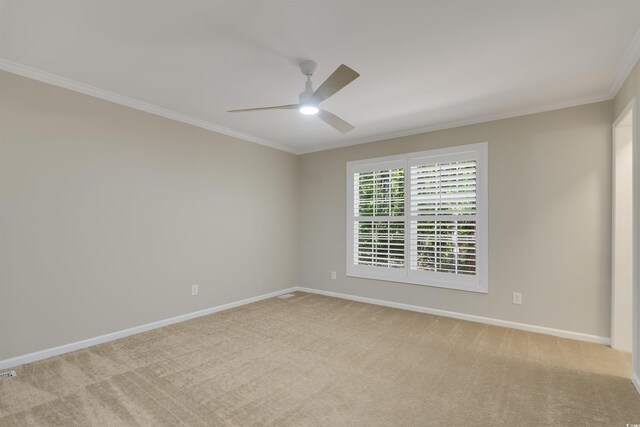 3758 Loblolly Ave, Little River, SC 29566 - empty room with crown molding, visible vents, baseboards, light colored carpet, and a ceiling fan