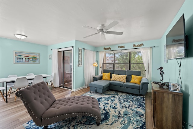 living room with ceiling fan and light hardwood / wood-style flooring