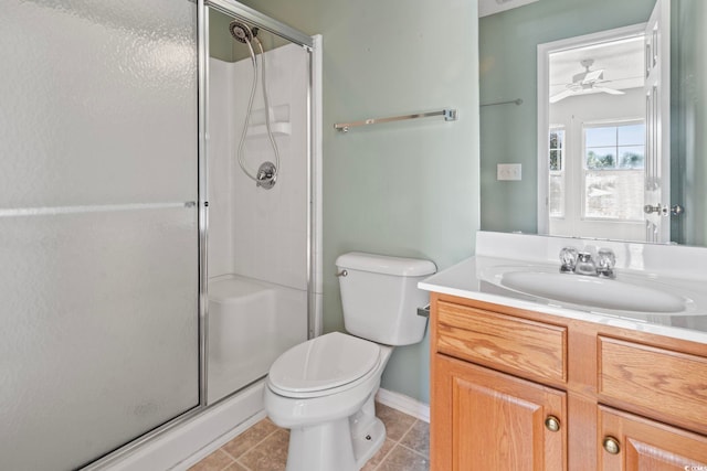 bathroom with ceiling fan, vanity, an enclosed shower, tile patterned floors, and toilet