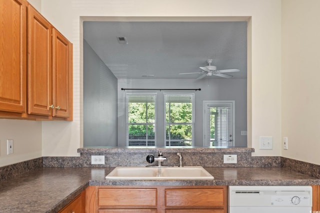 kitchen featuring kitchen peninsula, dishwasher, ceiling fan, and sink