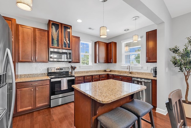 kitchen with stainless steel appliances, decorative light fixtures, plenty of natural light, and dark hardwood / wood-style flooring