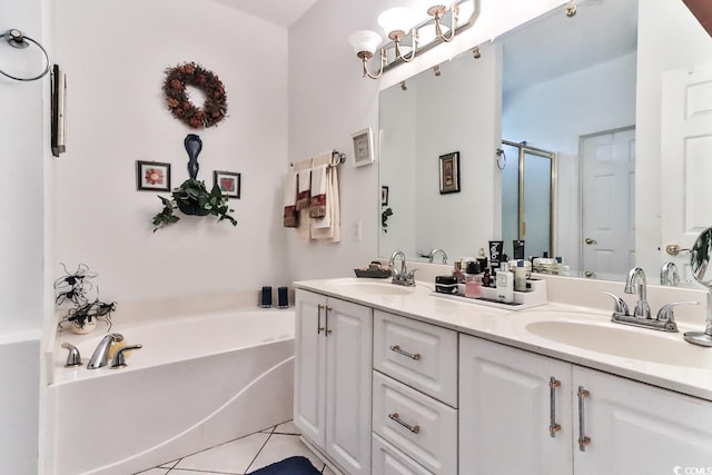 bathroom with vanity, separate shower and tub, and tile patterned flooring