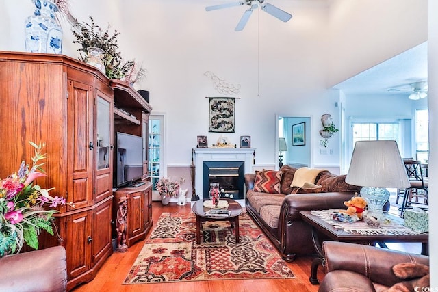 living room featuring hardwood / wood-style floors and ceiling fan