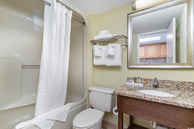 full bathroom with vanity, toilet, shower / bath combination with curtain, and a textured ceiling