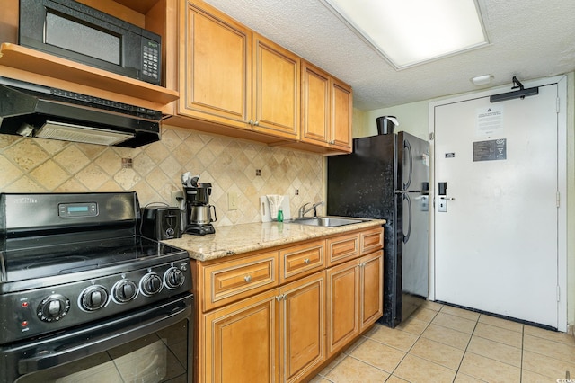 kitchen with extractor fan, backsplash, black appliances, sink, and light tile patterned flooring