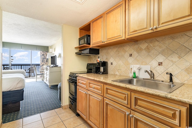 kitchen with backsplash, light colored carpet, sink, black appliances, and a textured ceiling