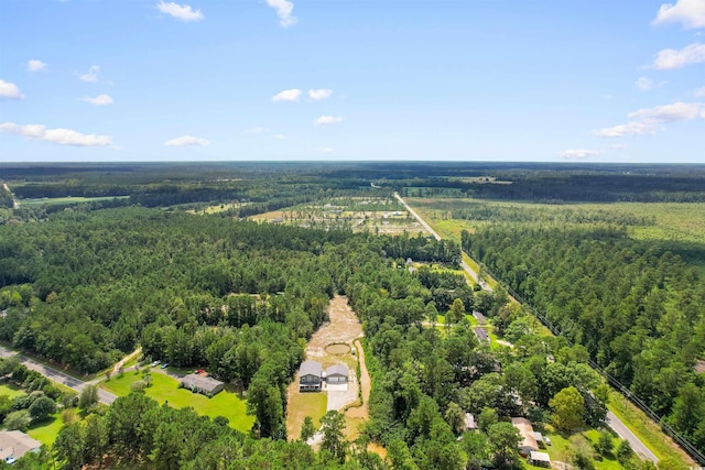 bird's eye view with a wooded view