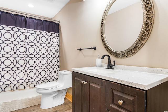 bathroom featuring toilet, wood finished floors, and vanity