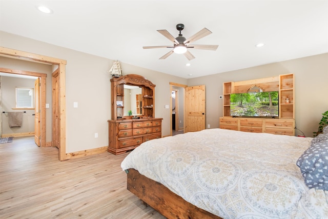 bedroom featuring a ceiling fan, recessed lighting, baseboards, and wood finished floors