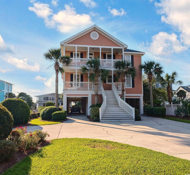 view of front of property with a porch, a front lawn, and a balcony