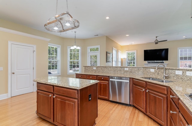 kitchen with stainless steel dishwasher, sink, light hardwood / wood-style floors, and plenty of natural light