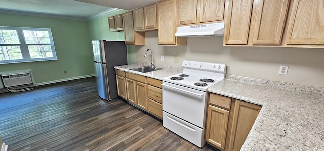 kitchen with crown molding, white electric range, freestanding refrigerator, a sink, and under cabinet range hood