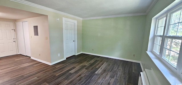 spare room featuring baseboards, dark wood-type flooring, plenty of natural light, and crown molding