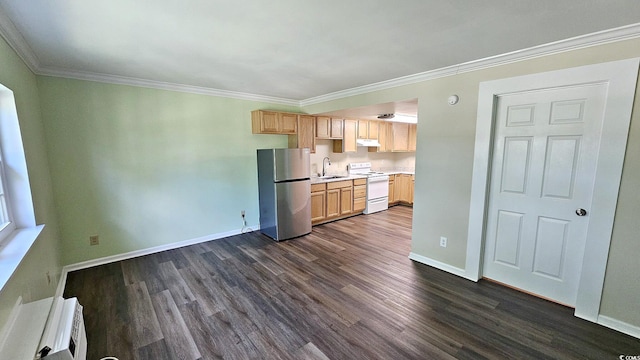 kitchen with white electric range oven, light countertops, freestanding refrigerator, light brown cabinets, and a sink