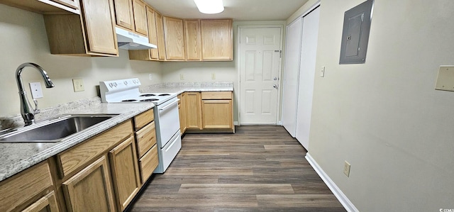 kitchen with electric stove, dark wood-type flooring, a sink, electric panel, and under cabinet range hood