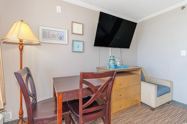 6900 N Ocean Blvd Unit 812, Myrtle Beach, SC 29572 - carpeted dining room with crown molding and a textured ceiling