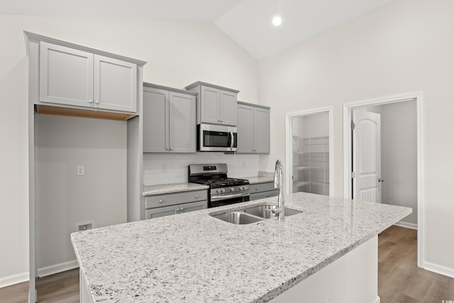 kitchen featuring sink, light stone countertops, an island with sink, and appliances with stainless steel finishes