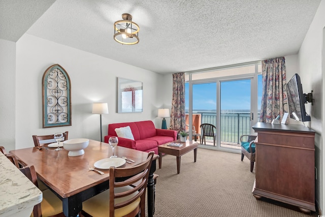 dining room with a textured ceiling and carpet