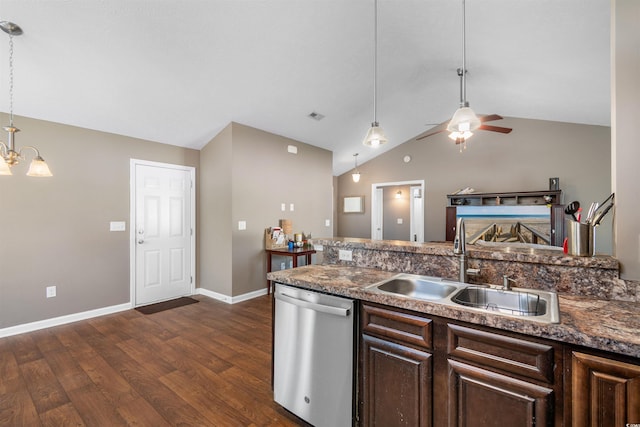 kitchen with ceiling fan with notable chandelier, dishwasher, sink, dark wood-type flooring, and vaulted ceiling