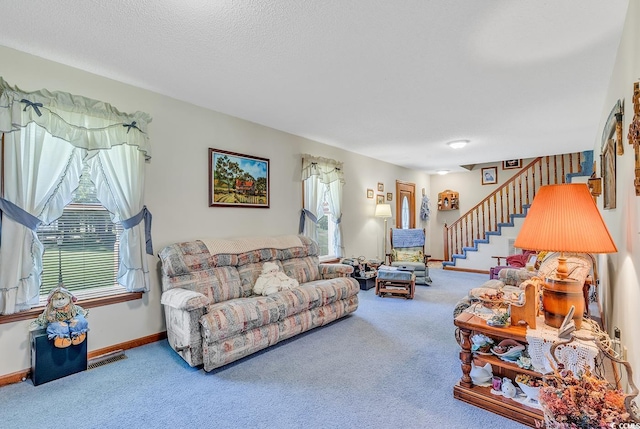 3747 Bakers Chapel Rd, Aynor, SC 29511 - living area with carpet, stairway, and baseboards