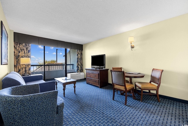 carpeted living room featuring a textured ceiling