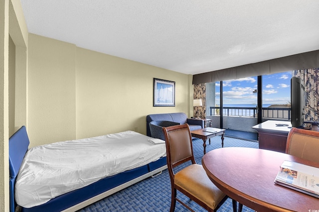 carpeted bedroom with a textured ceiling and access to outside