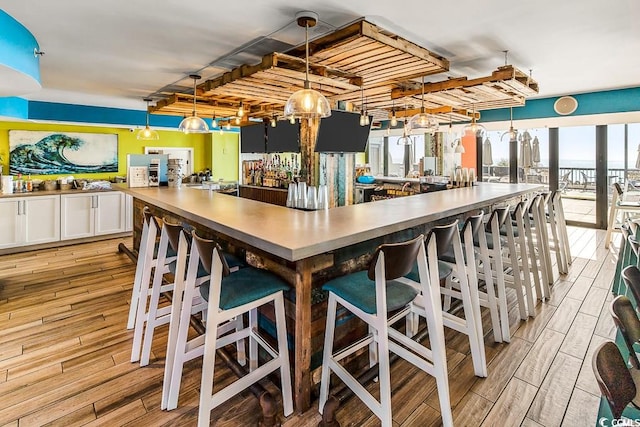 interior space with plenty of natural light, light hardwood / wood-style flooring, and indoor bar