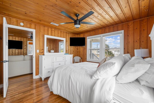 bedroom with wood walls, hardwood / wood-style floors, wooden ceiling, and ceiling fan